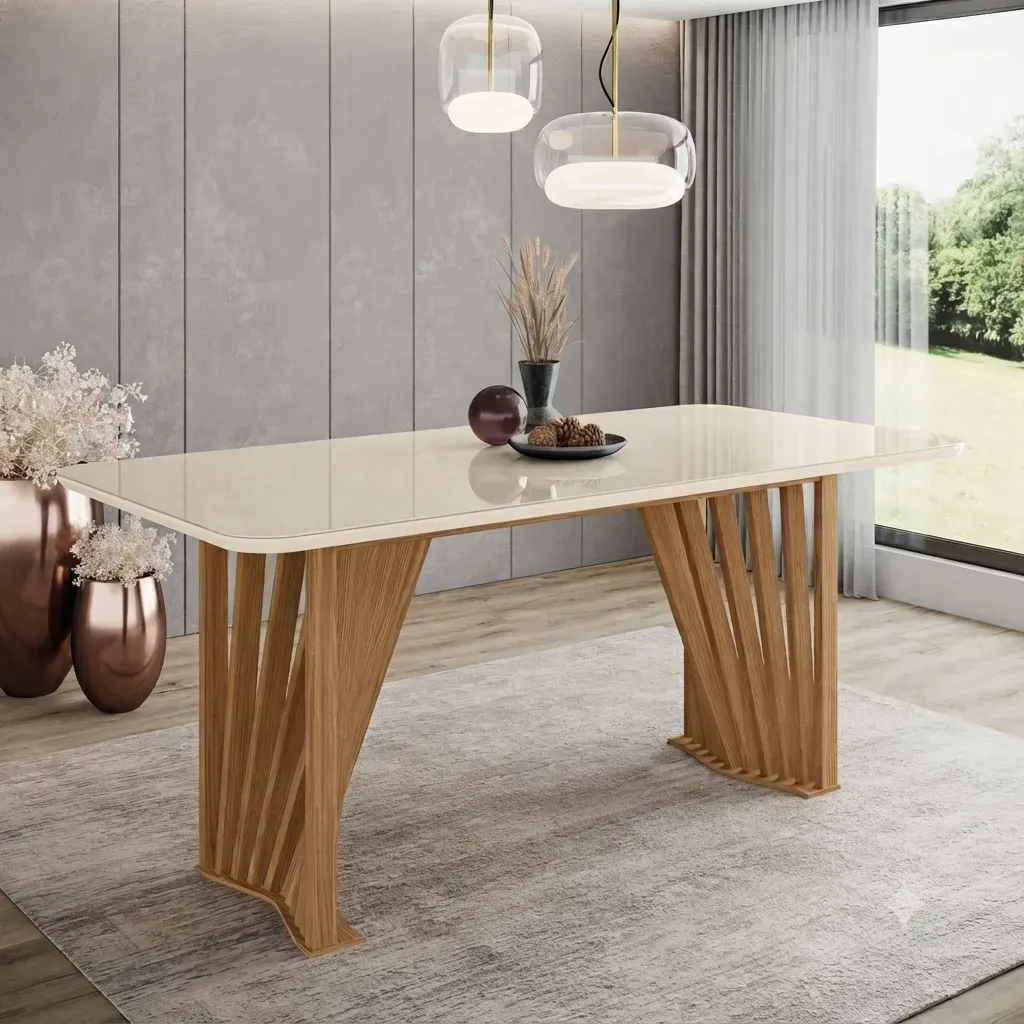 [TABLE-SC82-127] Adriana - Table à manger rectangle Plateau en Verre Trempé effet laqué et Pieds en bois aesthetic.webp