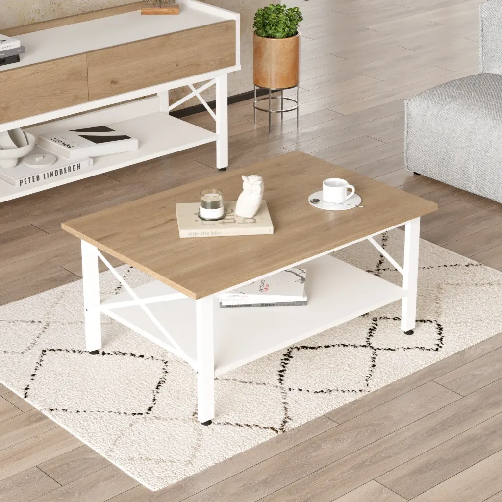 TABLE BASSE BLANCHE PLATEAU EN CHÊNE