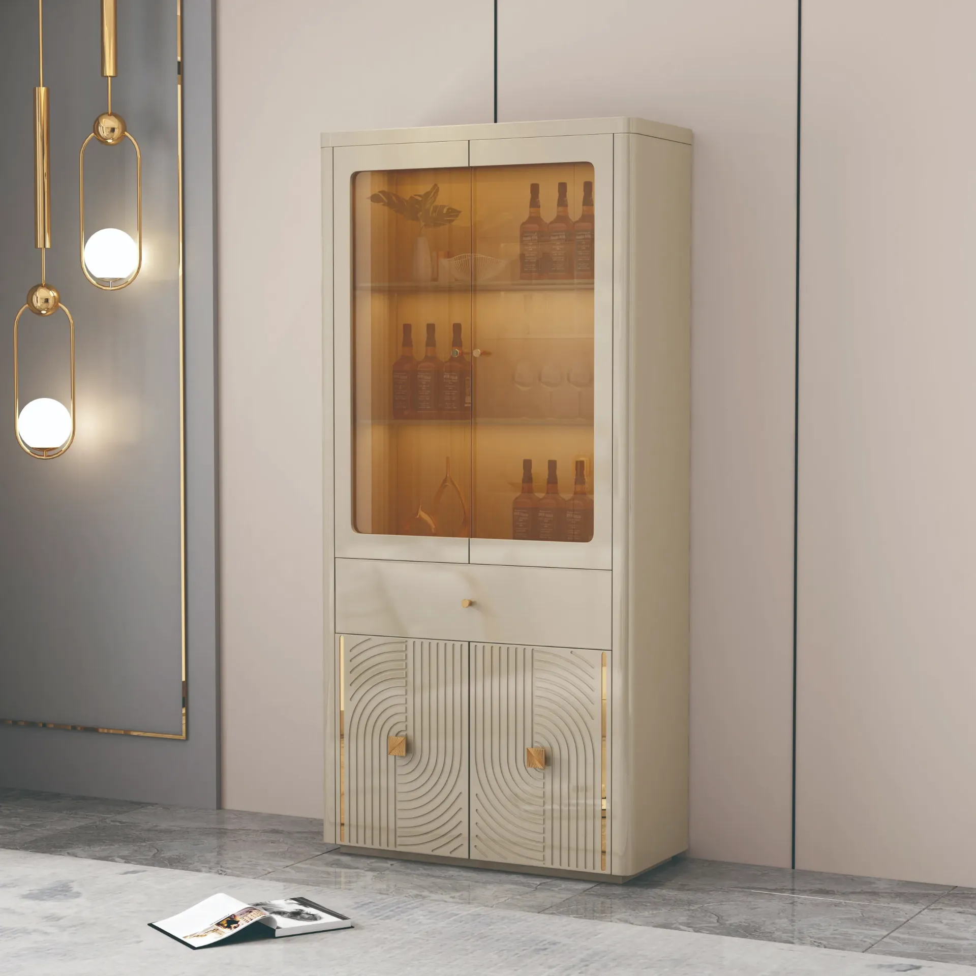 [VITR-90688] VITRINE 2 PORTES BEIGE ET DORE