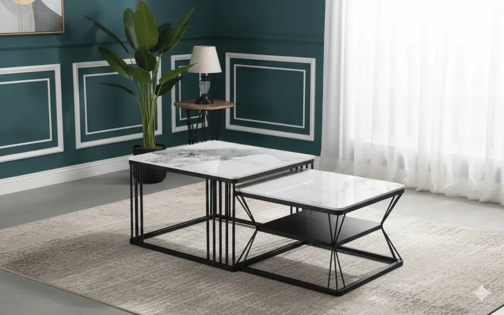 [C036-TB] TABLE BASSE GIGOGNE CARRE BLANCHE EFFET MARBRE