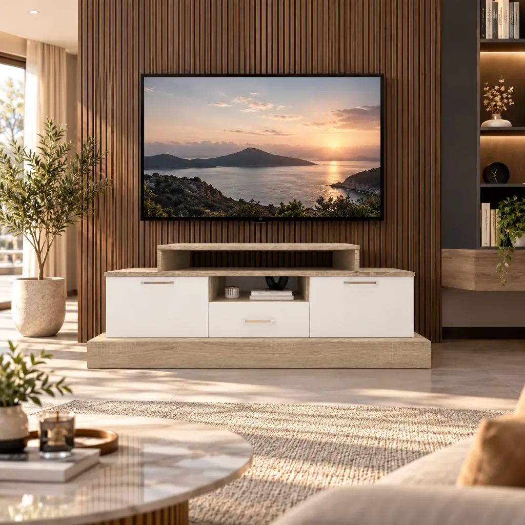 TABLE TV CHÊNE ET BLANC