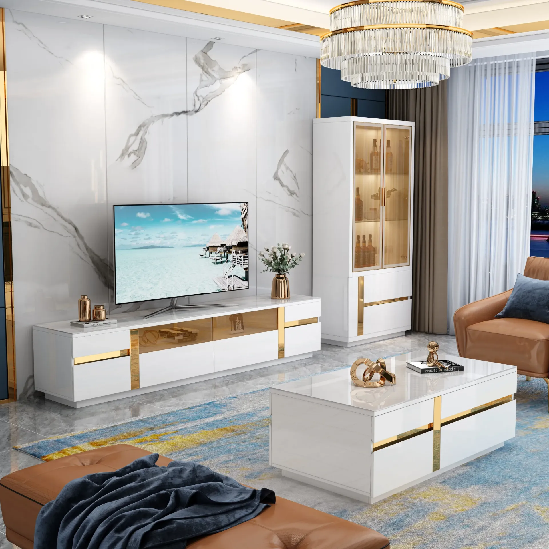 TABLE TV BLANC ET DORE