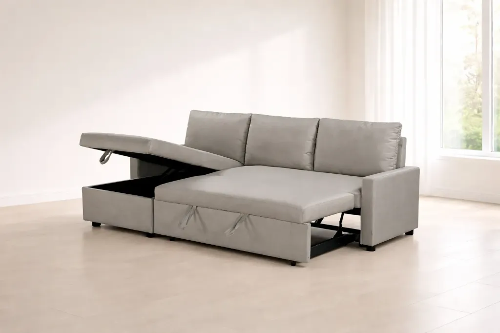 [MC-SOF-BEI-005] CANAPÉ D'ANGLE GRIS CONVERTIBLE AVEC COFFRE ZY 307V