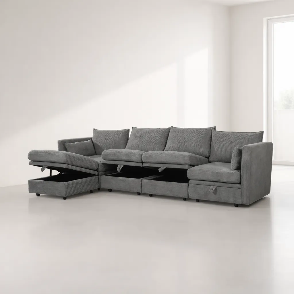 [MC-SOF-GRIS-009] CANAPÉ D'ANGLE GRIS CONVERTIBLE AVEC COFFRE 6 PERSONNES HS468