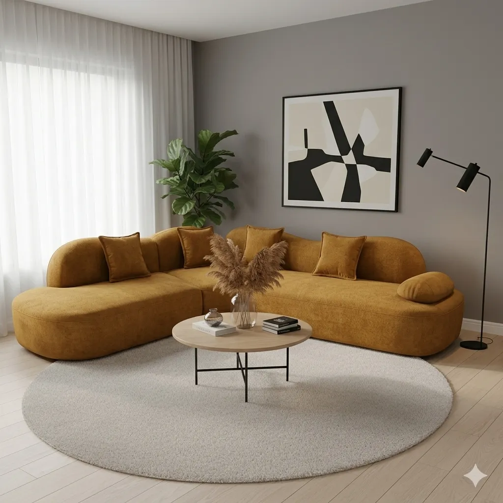 [SALON-L874] CANAPÉ D'ANGLE EN TISSU OCRE DORÉ MIRA