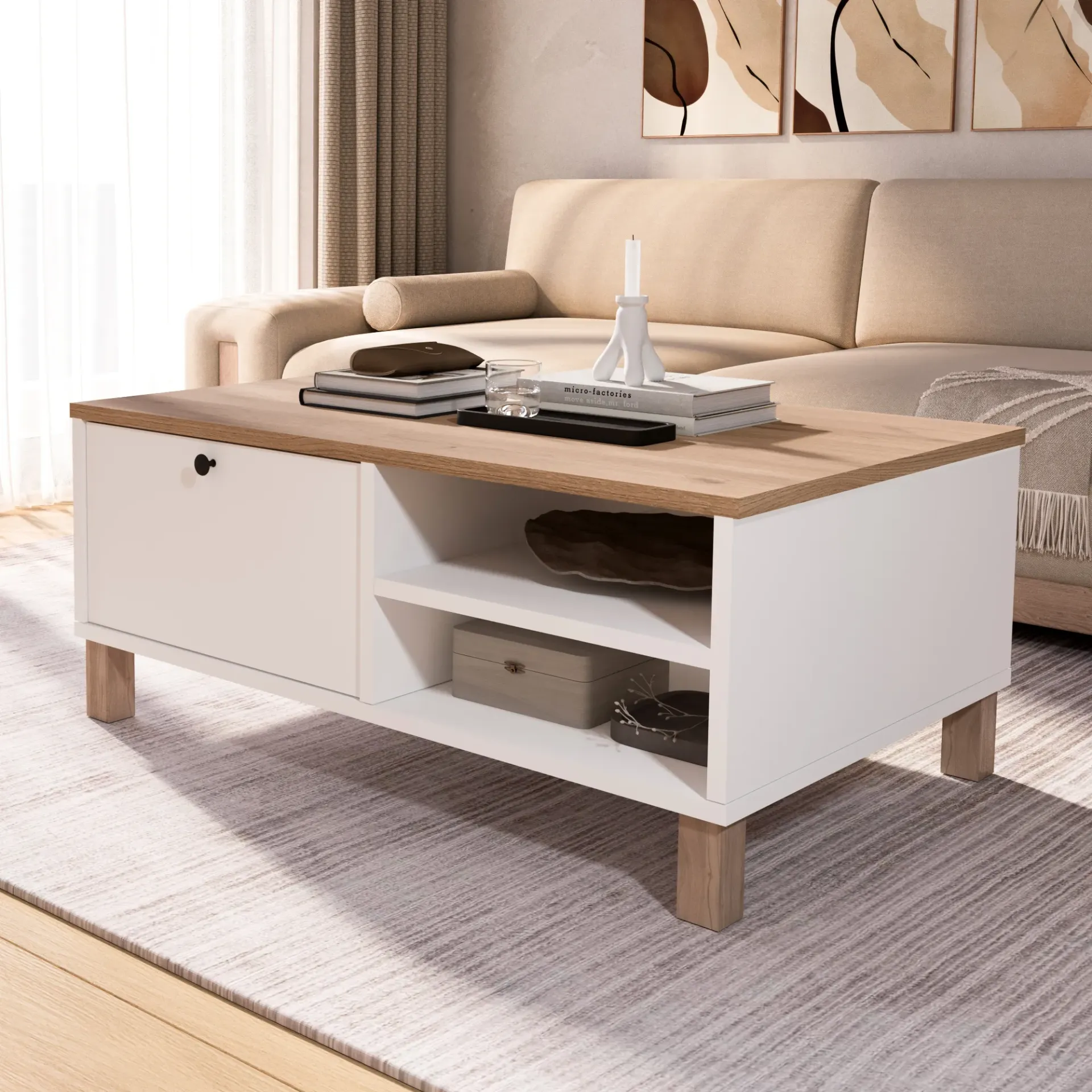 Malmö - Table Basse À Rangement Blanche et Chêne
