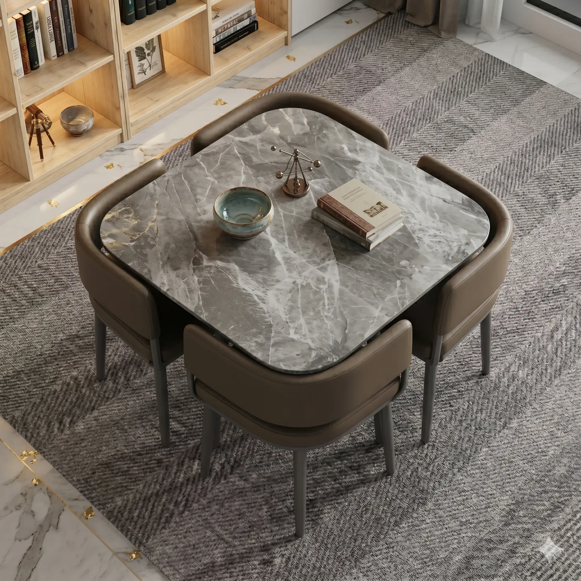 [TABLE-331] Ensemble Table à manger Grise effet marbre + 4 chaises encastrable