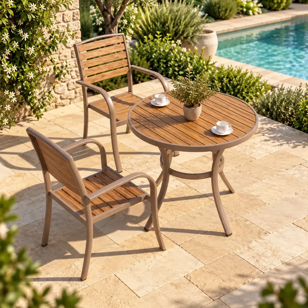 [TERRASSE-H1316ROND] Ensemble repas d'extérieur : Table ronde et 2 chaises assorties en aluminium