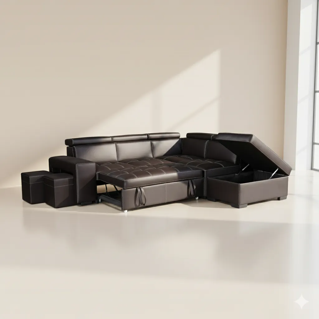 [MC-SOF-NOIR_001] CANAPÉ D'ANGLE CONVERTIBLE AVEC COFFRE + 2 POUF ZY2088