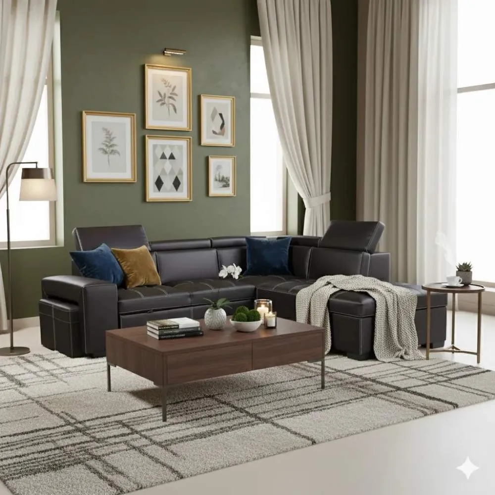 [SALON-ZY2088] Haussmann - CANAPÉ D'ANGLE CONVERTIBLE AVEC COFFRE + 2 POUF