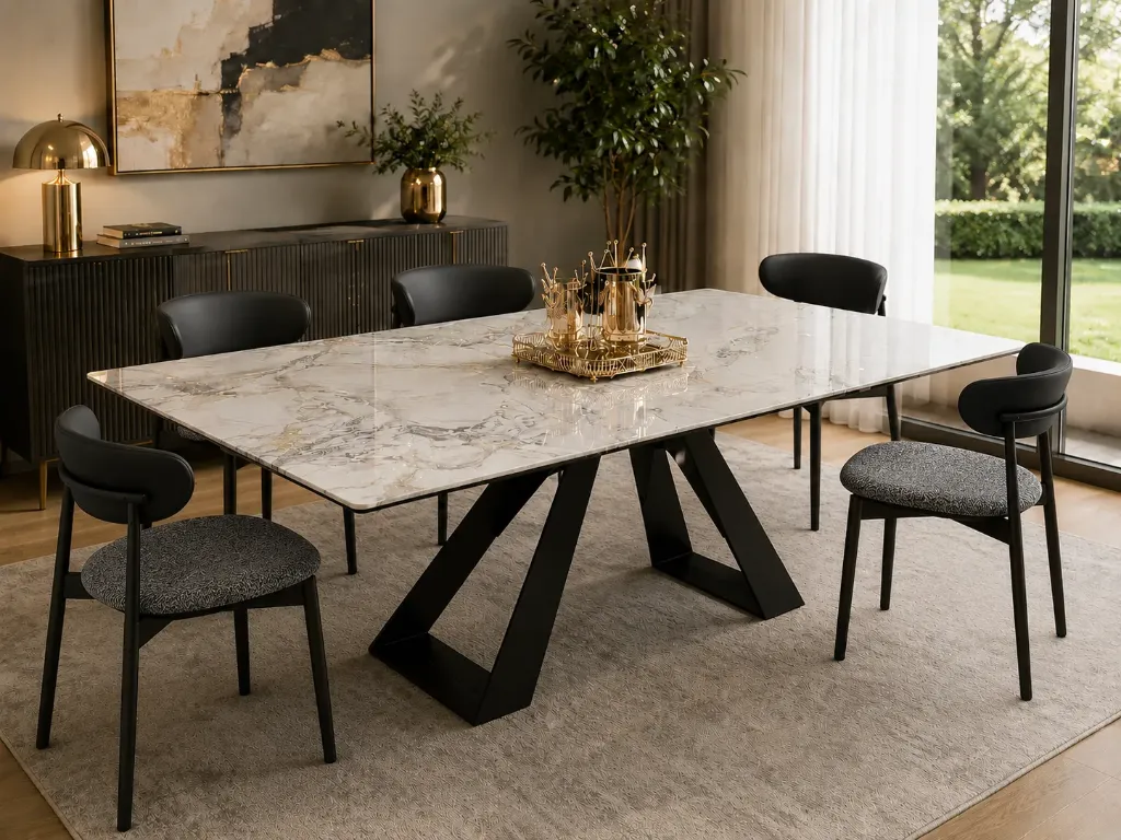 Andersen - Table à manger extensible pieds en céramique noir plateau marbre blanc + 6 chaises Hug Noir