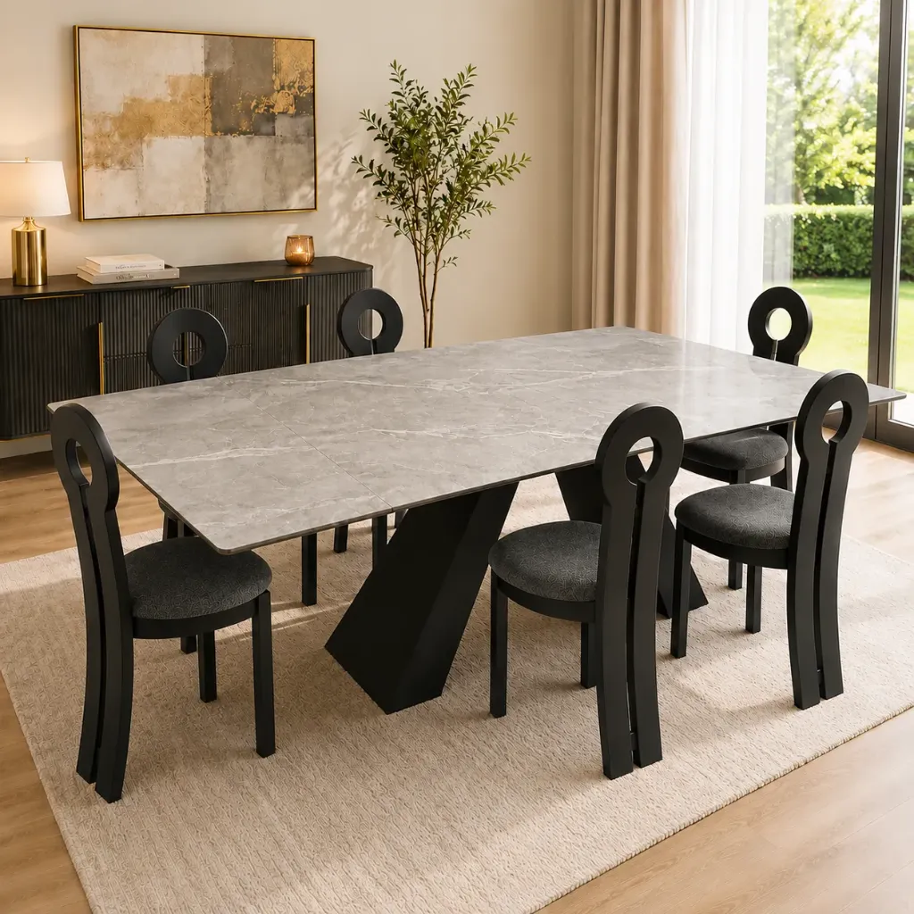 [TABLE-T839 CHAISE-9210NOIR] Andersen - Table à manger extensible pieds en céramique noir plateau marbre gris + 6 chaises Kate Noir