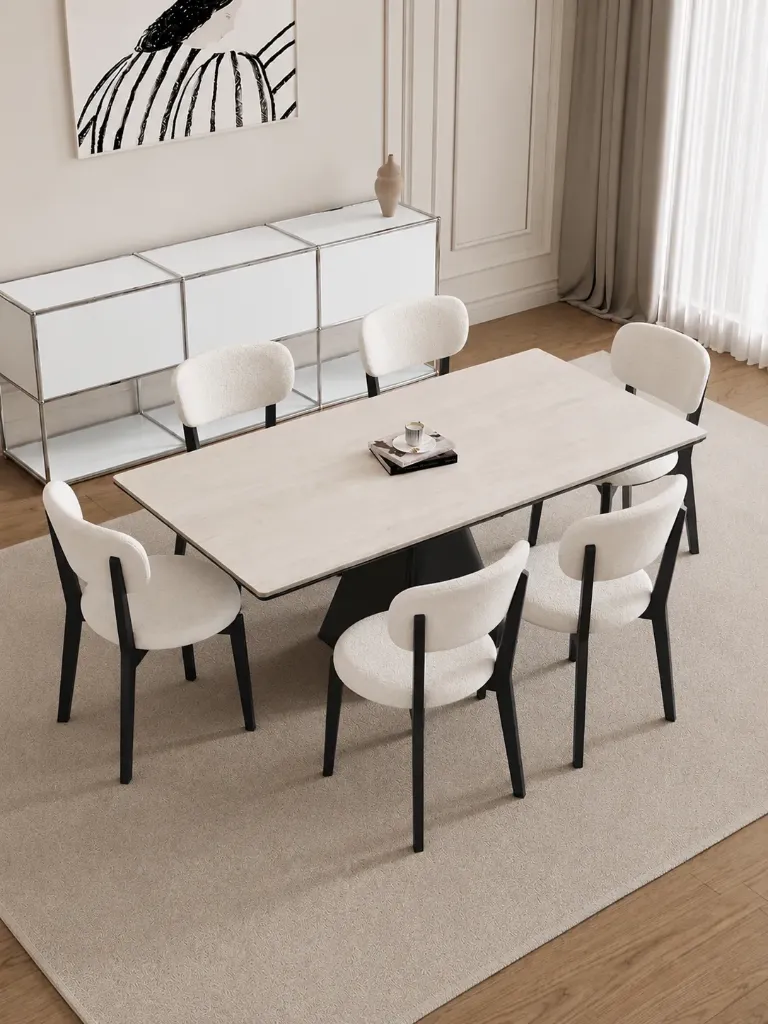 [TABLE-T27RECT + CHAISE-HX9011NB] Bronx - Table à manger plateau en bois blanc rectangle pieds noirs + 6 chaises Ice Noir
