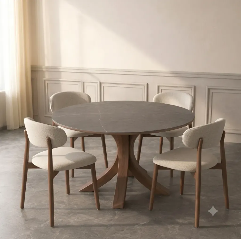 [TABLE-T05 + CHAISE-Y68(4)] Alya - Table à manger ronde (6 personnes) + 4 chaises Cassie Beige
