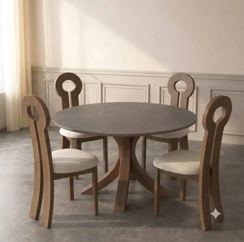 Alya - Table à manger ronde (6 personnes) + 4 chaises Kate Marron