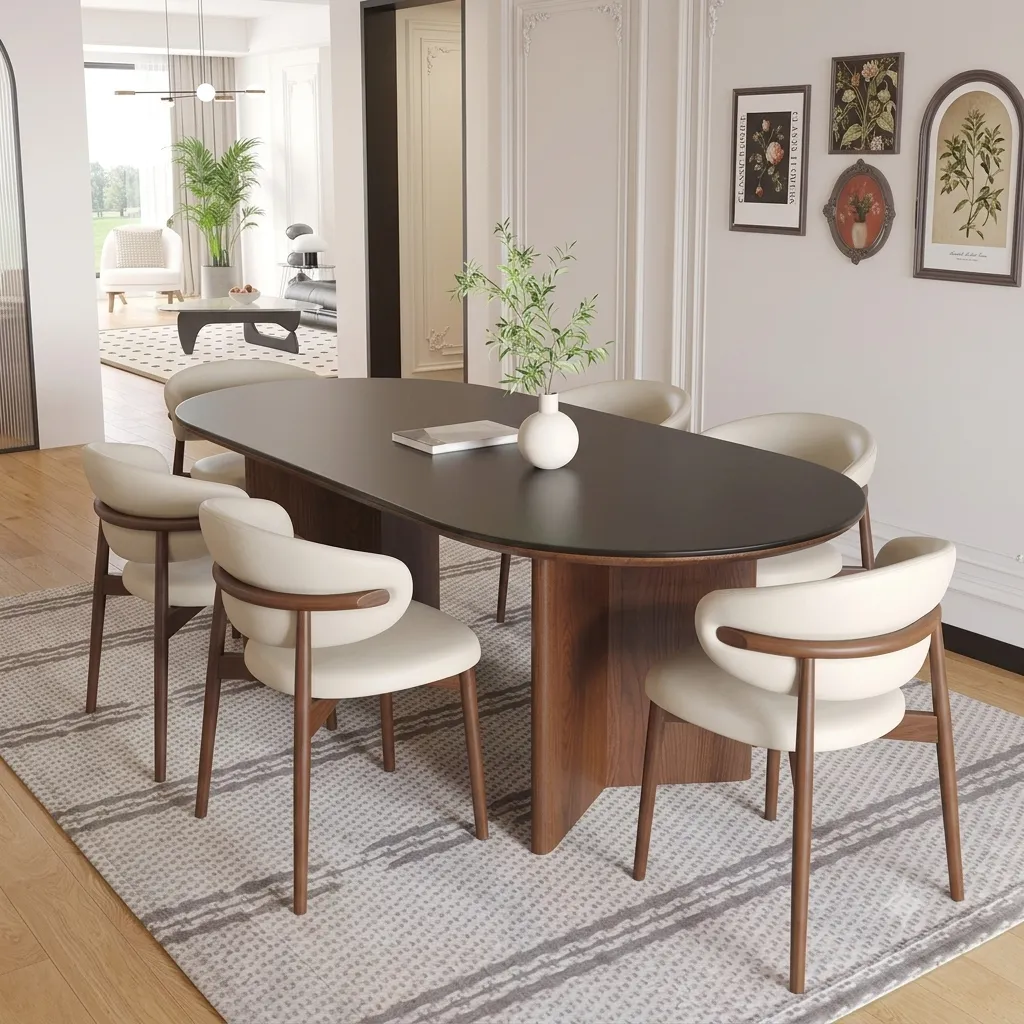 [TABLE-T26OVALE + CHAISE-Y68 (6)] Ernest - Table à manger ovale en bois (plateau noir) + 6 chaises Cassie beiges