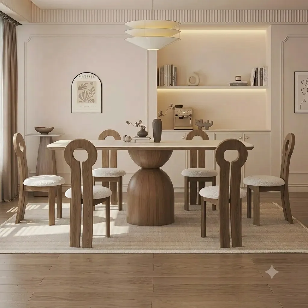 [TABLE-T26RECT + CHAISE-9210BEIGE (6)] Ernest - Table à manger rectangle en bois (plateau blanc) + 6 chaises Kate beiges
