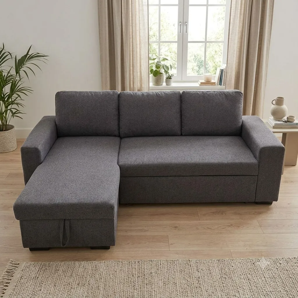 [SALON-ZY2165] Saga - Canapé d'angle convertible avec coffre + 2 poufs