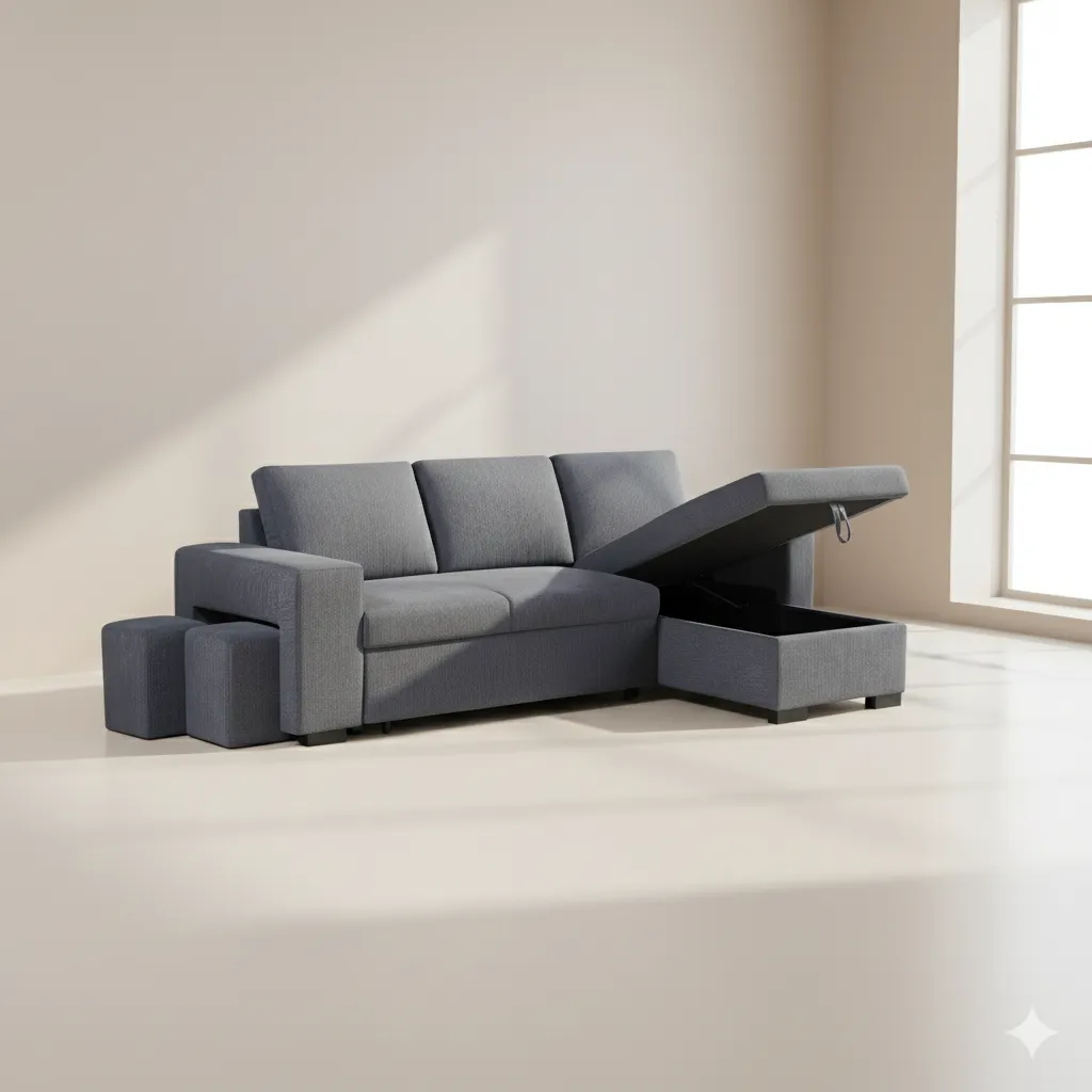 CANAPÉ D'ANGLE CONVERTIBLE AVEC COFFRE + 2 POUFS ZY2165