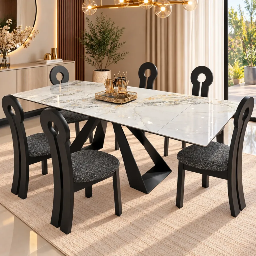 [TABLE-T366] Andersen - Table à manger en céramique blanc extensible pieds noir en métal
