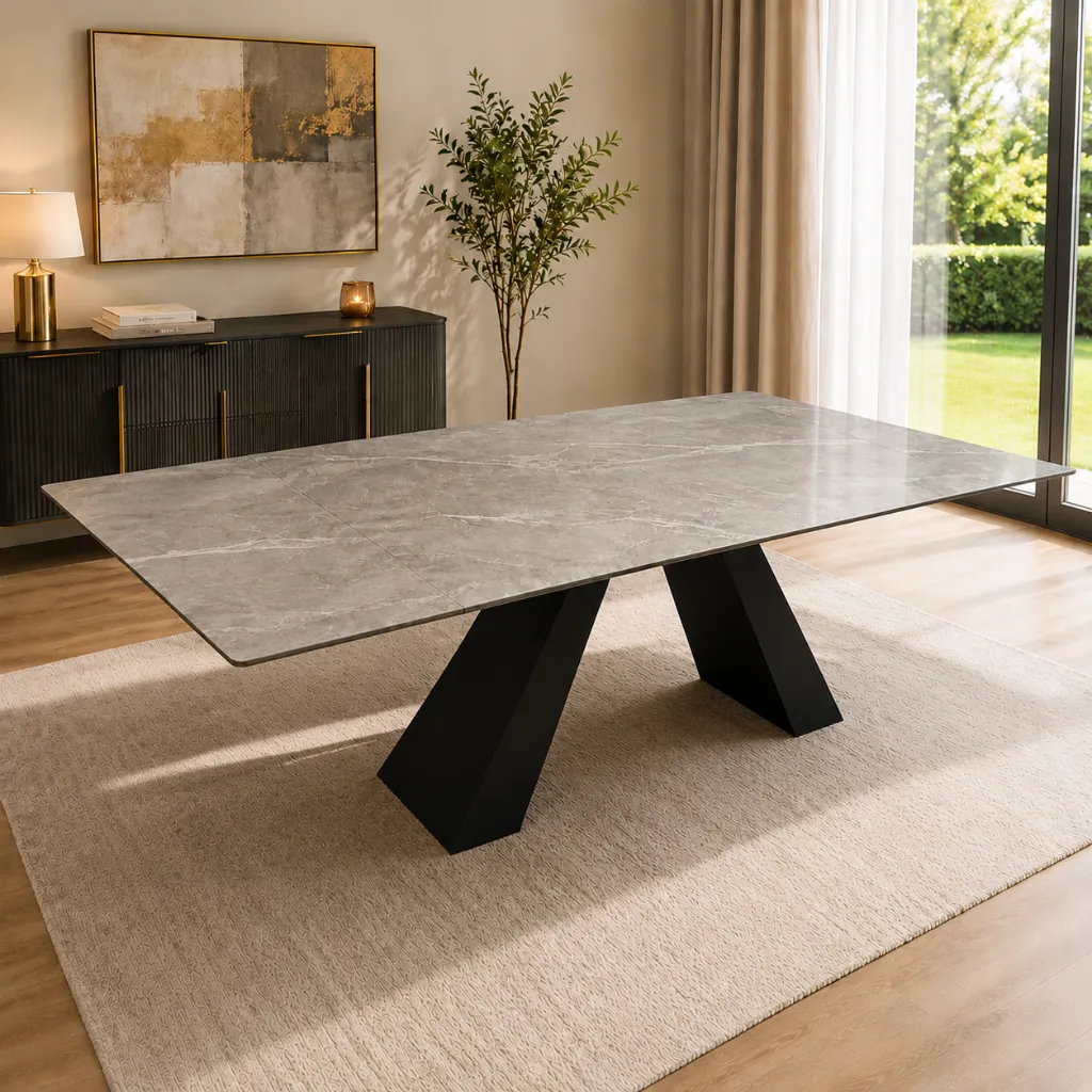 [TABLE-T839] Andersen - Table à manger en céramique gris extensible pieds noir en métal