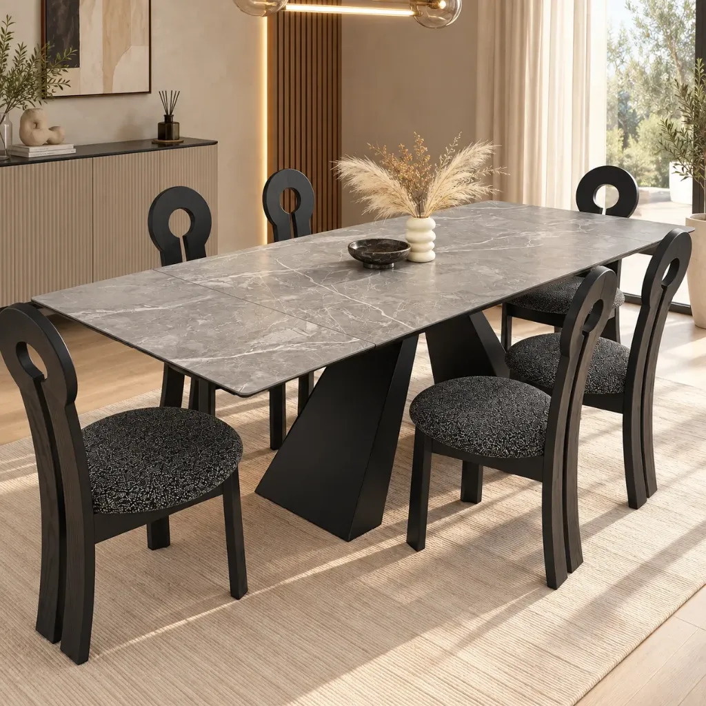 [TABLE-T839] Andersen - Table à manger en céramique gris extensible pieds noir en métal