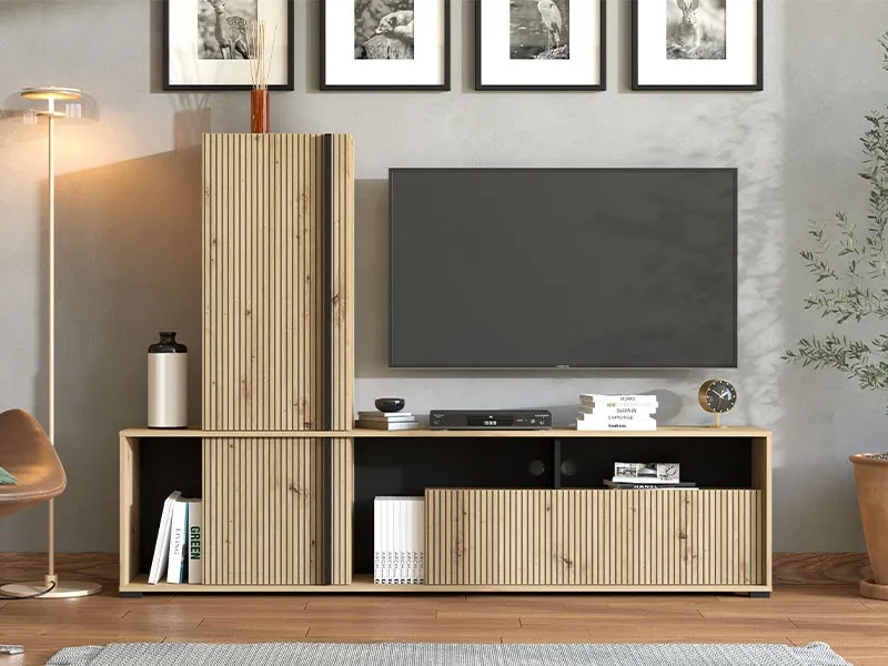 [CHADIA-LIVING] Chadia - Living TV en chêne avec colonne haute intégrée