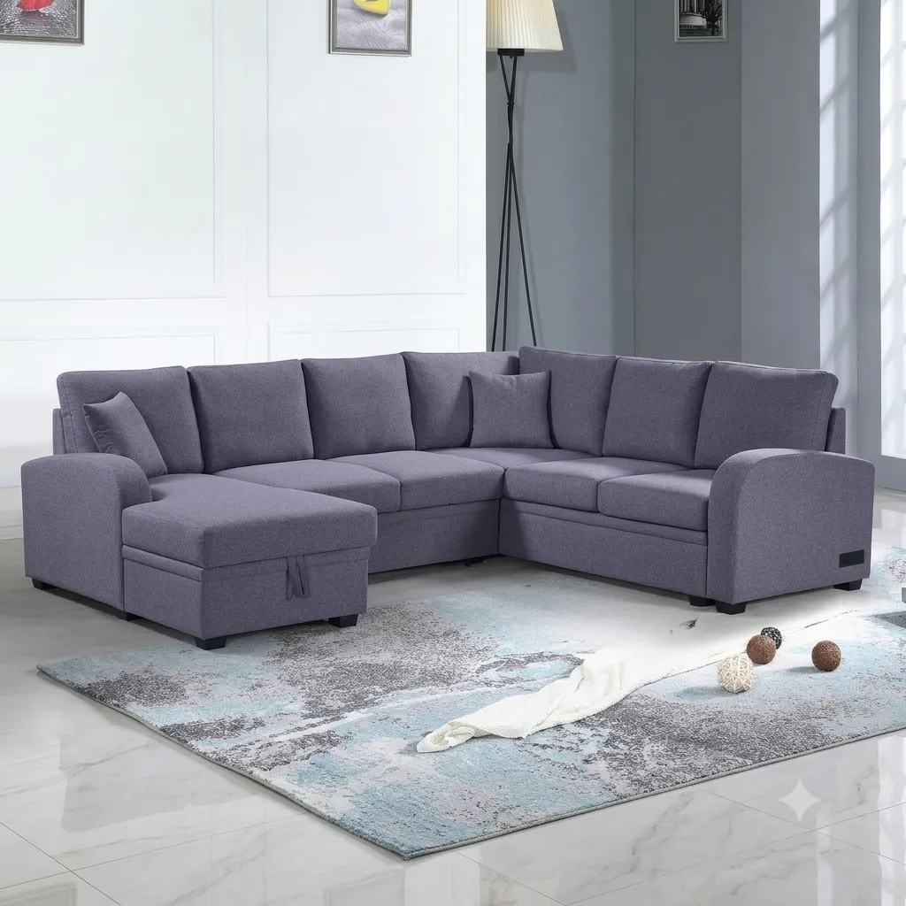 [SALON-XL1616] Shadow - Canapé Panoramique Gris - Convertible et Port USB (charge) intégré