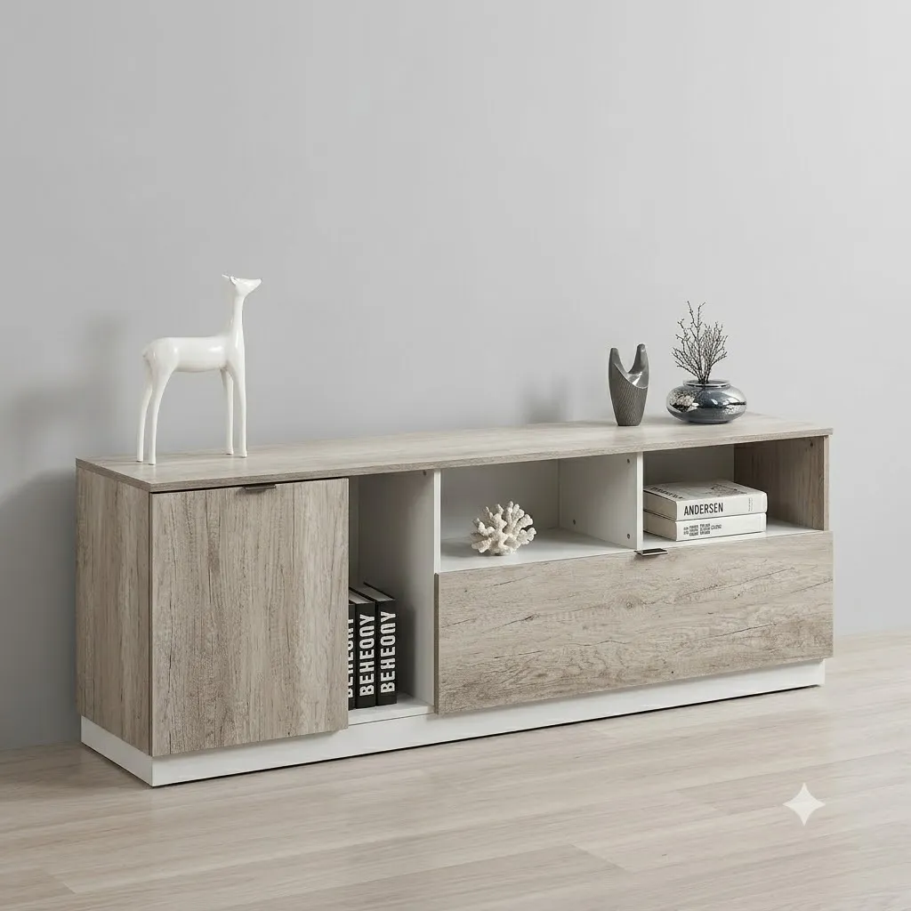 [DZ38GRIS-TV] Modena - Table TV Grise Contemporaine en chêne blanchi
