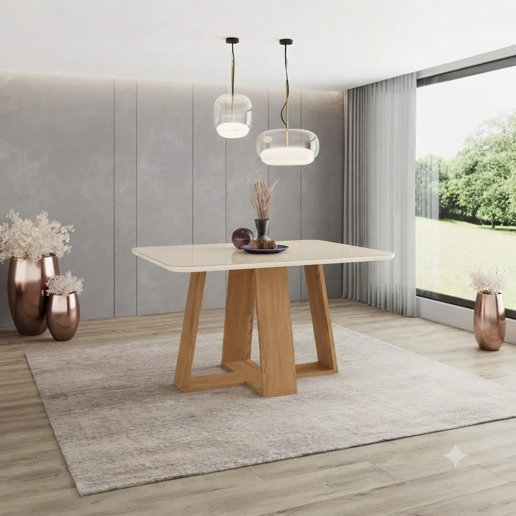 LINS - Table à manger rectangle Plateau Blanc Pieds en Chêne