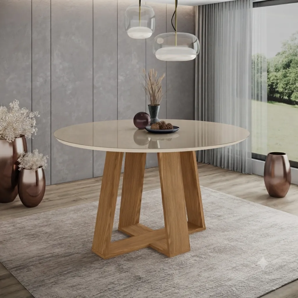 LINS - Table à manger ronde Plateau Blanc Pieds en Chêne
