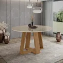 LINS - Table à manger ronde Plateau Blanc Pieds en Chêne