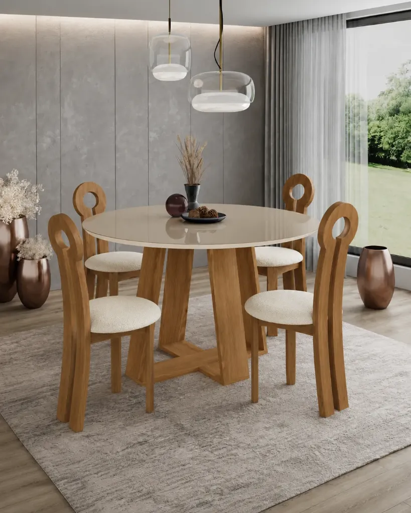 LINS - Table à manger ronde Plateau Blanc Pieds en Chêne + 4 chaises Kate marron