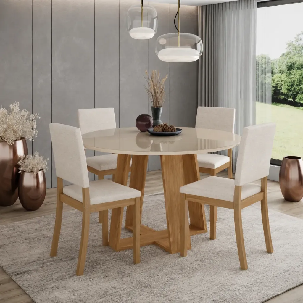 LINS - Table à manger ronde Plateau Blanc Pieds en Chêne + 4 chaises Milla beige