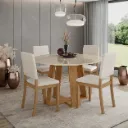 LINS - Table à manger ronde Plateau Blanc Pieds en Chêne + 4 chaises Milla beige