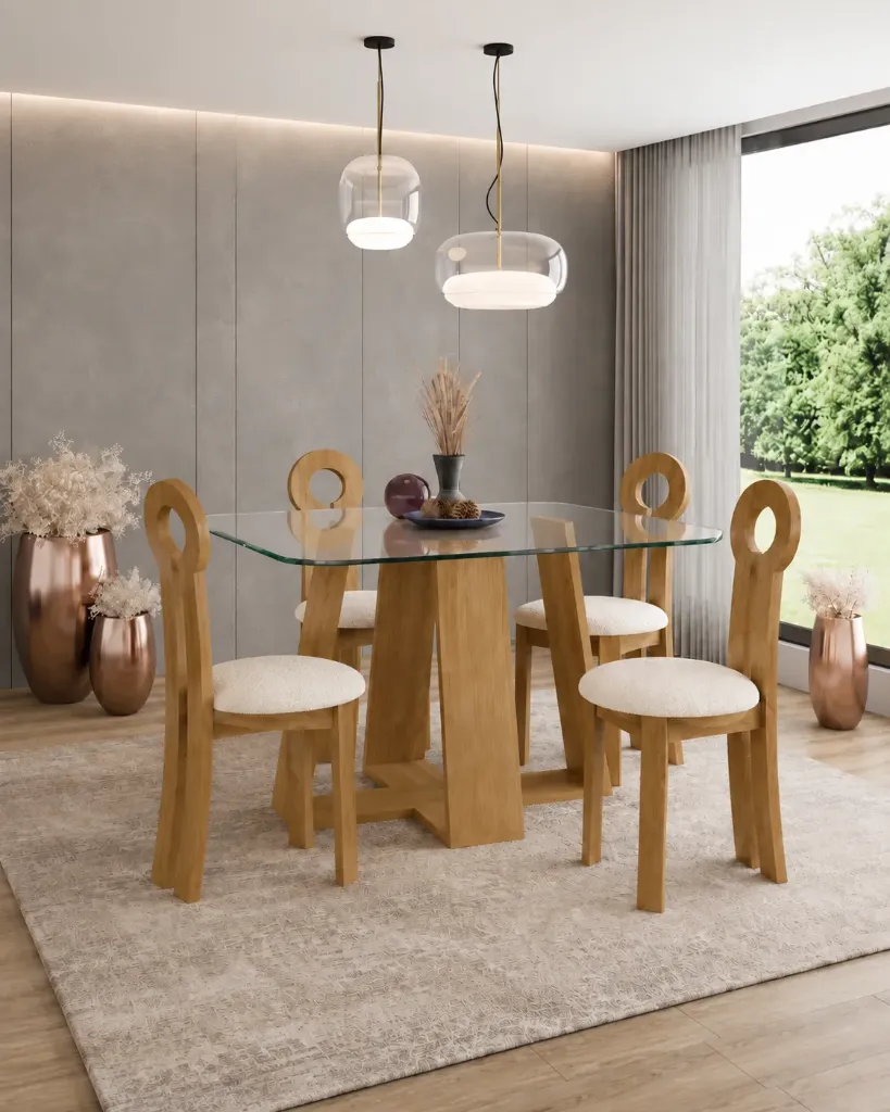 LINS - Table à manger Carrée Plateau Blanc Pieds en Chêne + 4 chaises Kate marron