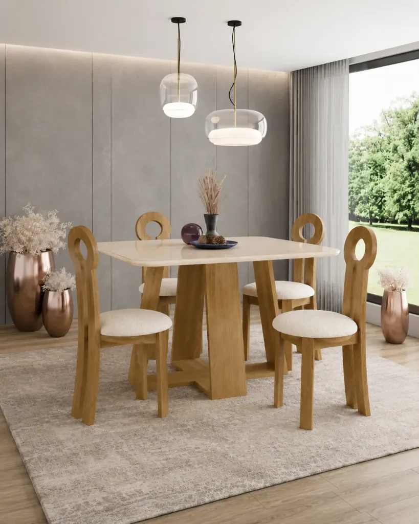 LINS - Table à manger Carrée Plateau Blanc Pieds en Chêne + 4 chaises Kate marron