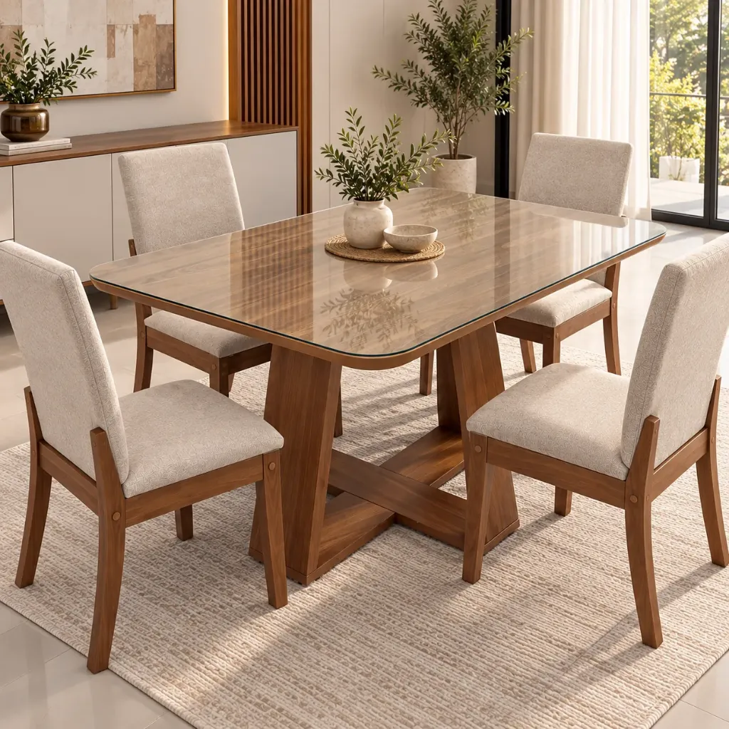 LINS - Table à manger Carrée Plateau Blanc Pieds en Chêne + 4 chaises Milla beiges