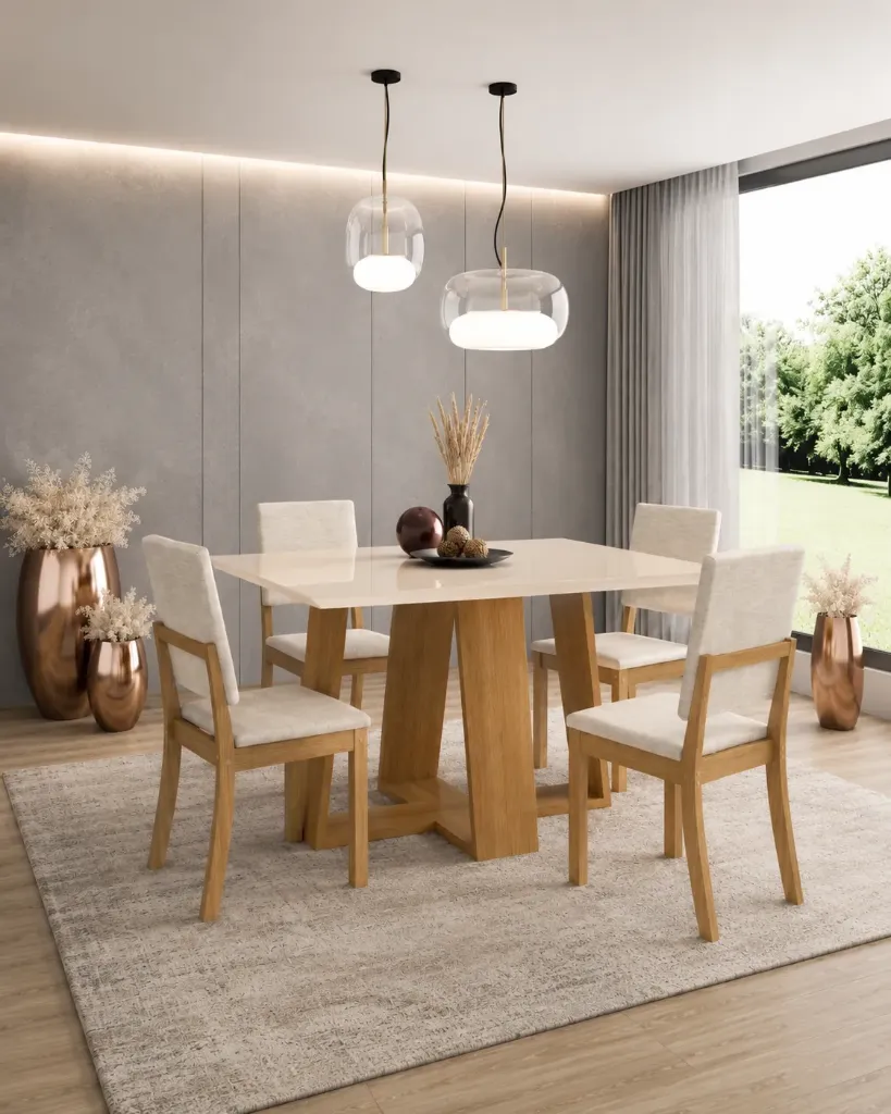 LINS - Table à manger Carrée Plateau Blanc Pieds en Chêne + 4 chaises Milla beiges