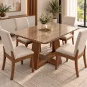 LINS - Table à manger Carrée Plateau Blanc Pieds en Chêne + 4 chaises Milla beiges