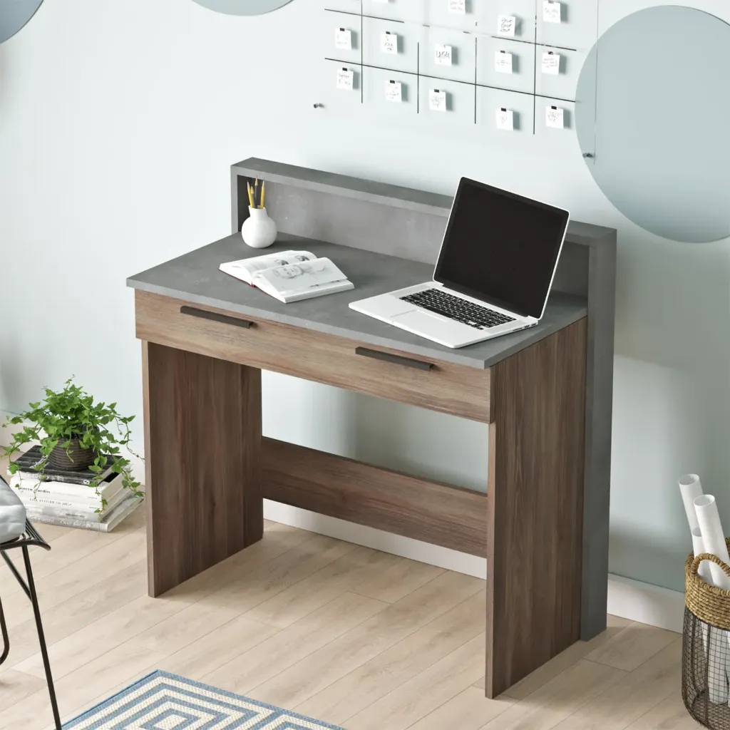 [BUREAU-HM7-CG] Boston - Bureau avec 2 tiroirs de rangement et rehausse intégrée
