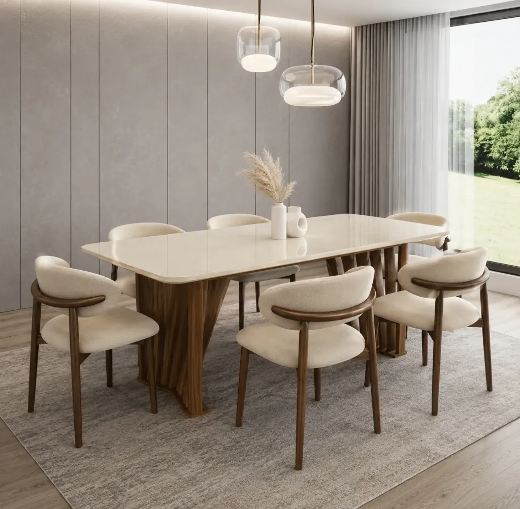 PACK Adriana - Table à manger rectangle Plateau en Verre Trempé effet laqué et Pieds en bois aesthetic + 6 chaises Puffy