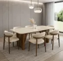 PACK Adriana - Table à manger rectangle Plateau en Verre Trempé effet laqué et Pieds en bois aesthetic + 6 chaises Puffy