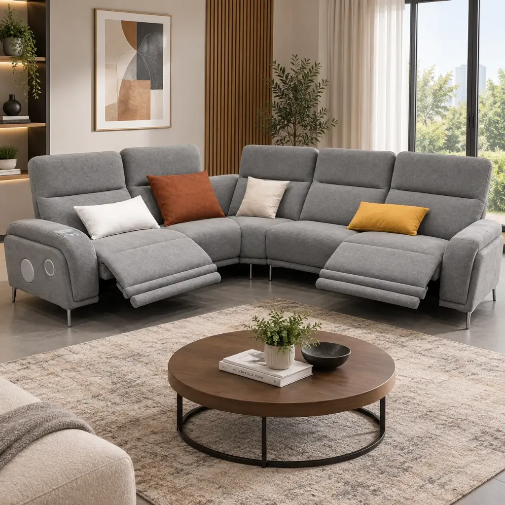 Linda - Canapé d'angle en tissu gris avec fonctions