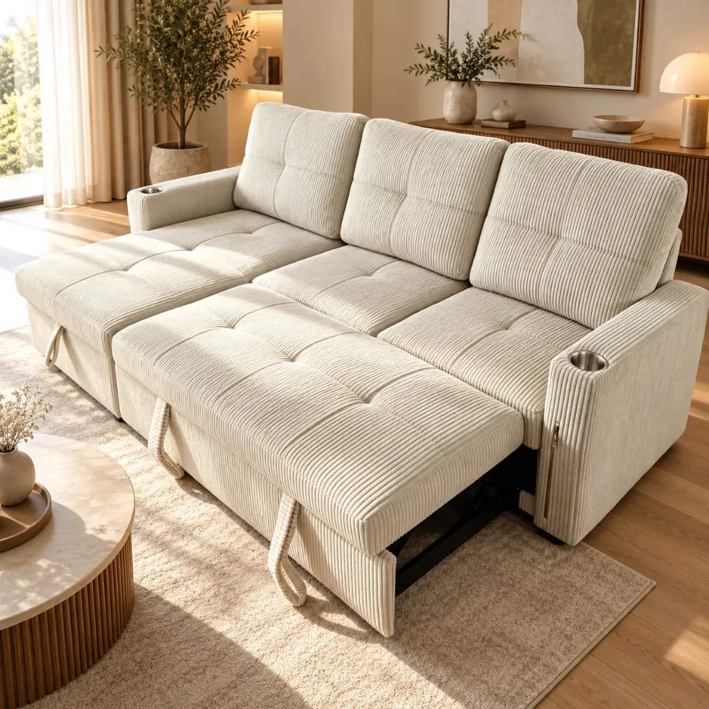 [SALON-XF2533BEIGE] MYKONOS – Canapé d’angle convertible avec coffre de rangement (Beige)