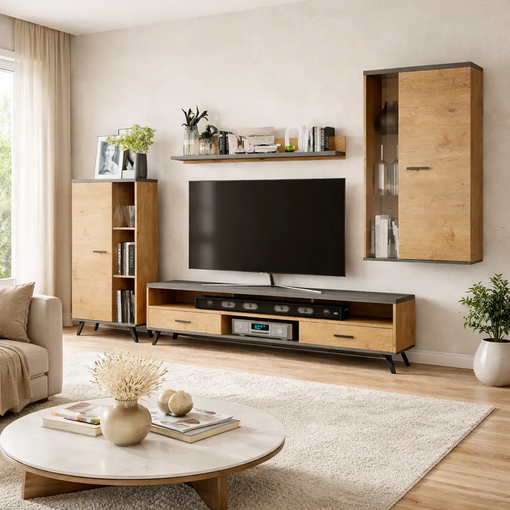[LIVING-DAR] LIVING TV DAR EN BOIS AVEC COLONNES SUSPENDUE